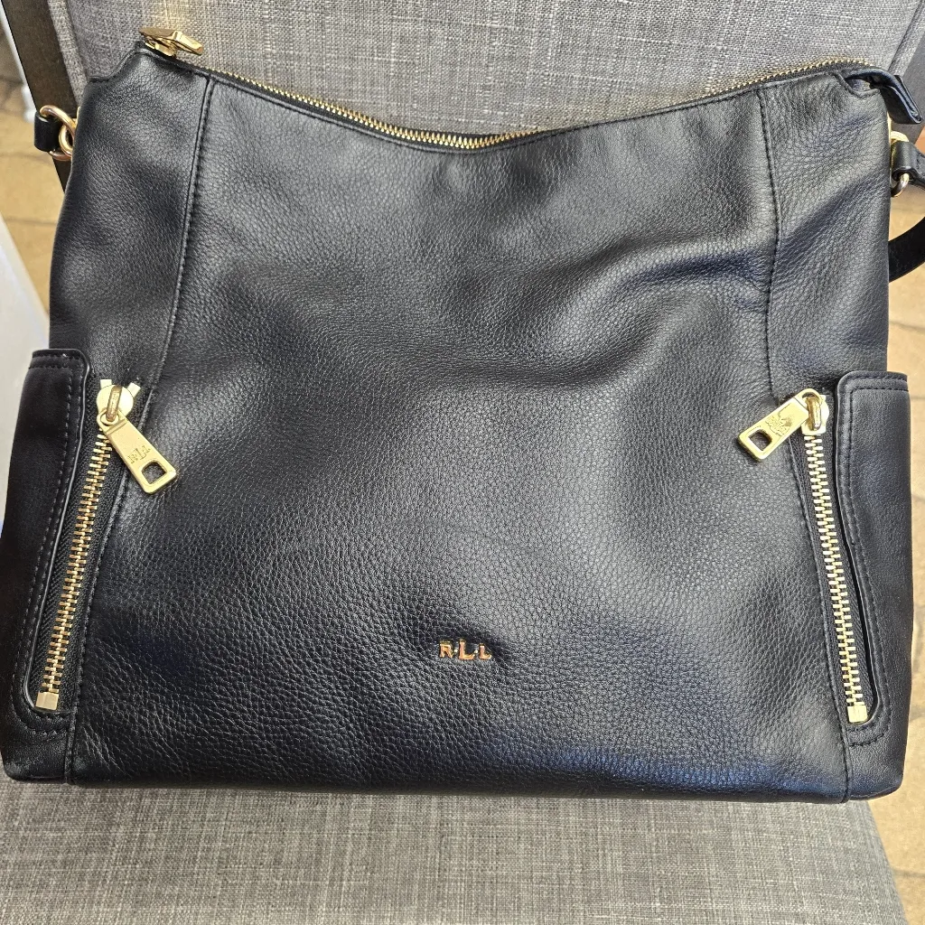 Lauren Ralph Lauren Black Pebbled Leather Hobo Shoulder Bag Purse - Image 3