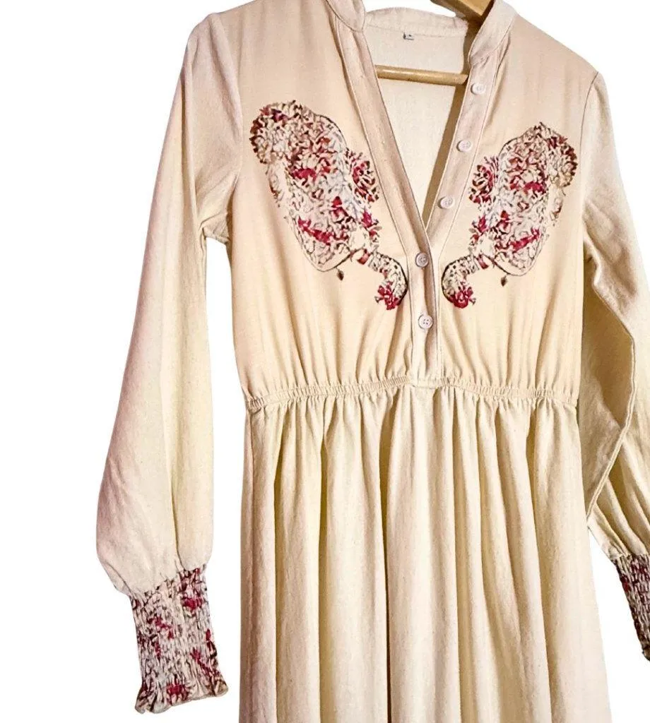 Vintage Style V-Neck Boho Peasant Maxi Dress Long Sleeves Women's Small - Image 3