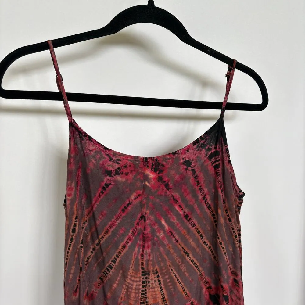 Bohemian Tie Dye Red Rayon Flowy Maxi Dress Adjustable Hippie Gypsy Festival - Image 2