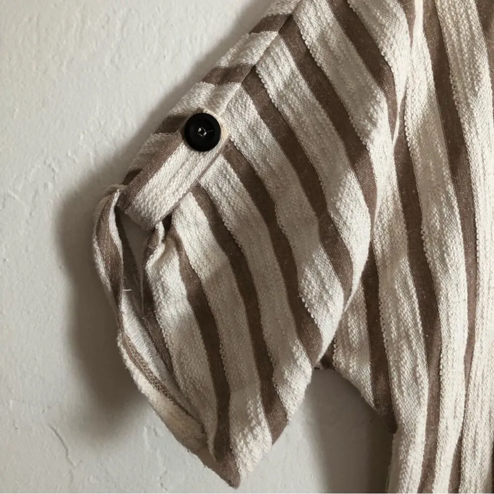 Perseption Concept Beach Boho Brown White Striped Short Sleeve Hoodie Sweater Size L - Image 3