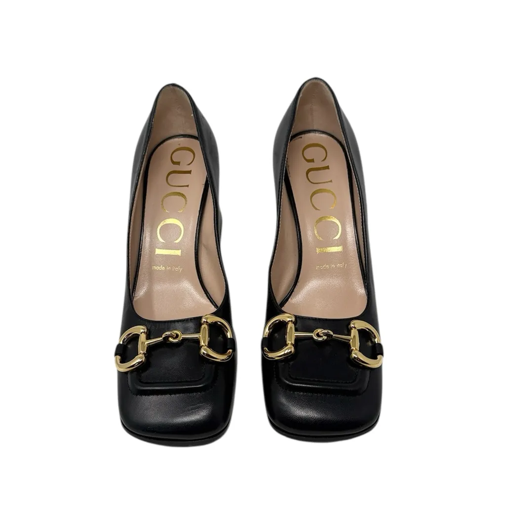Gucci Baby Horsebit Leather Square Toe Block Heel Pumps Black Size 38 - Image 3