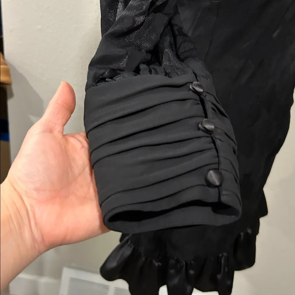 LoveShackFancy Black Jacquard Puff Sleeve Mini Dress XS Satin Ruffle Hem NWT - Image 5