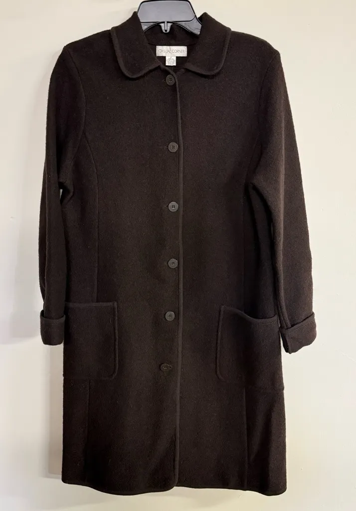 Casual Corner Women’s Black 100% Wool Long Pea Coat Elegant Classic – Size M Size M - Image 1