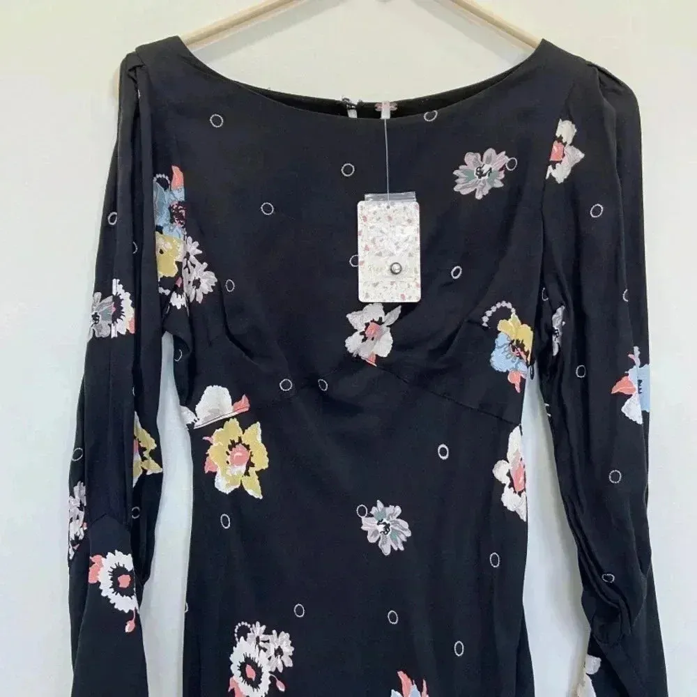 Free People Women Dress Split Sleeve Floral Mini Long Sleeve  Black Size 0 - Image 3