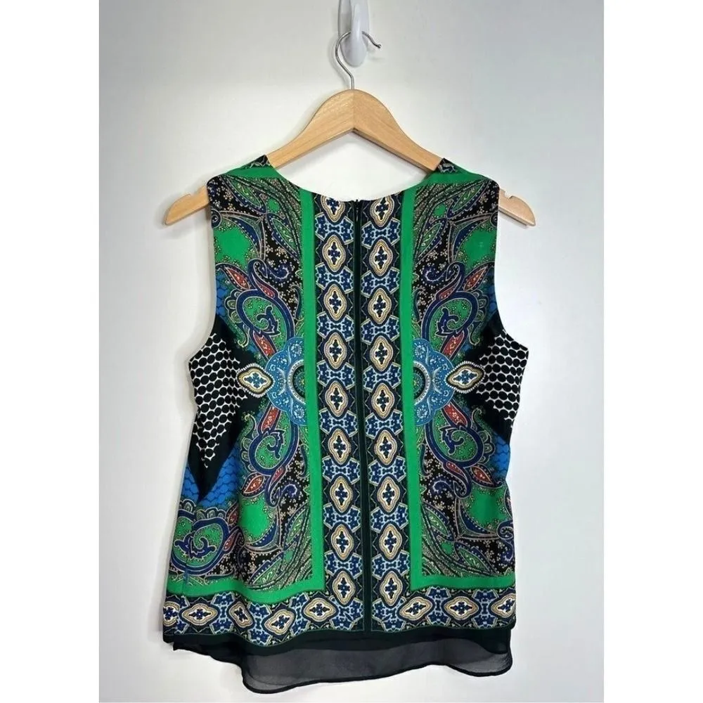 Rose + Olive Paisley Print Sleeveless Blouse Top Green Blue Black Medium - Image 3