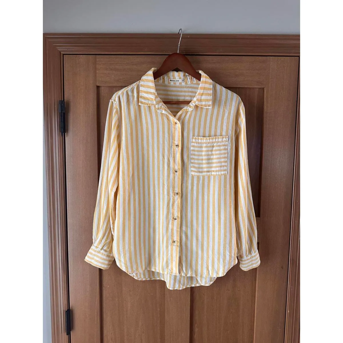 Marine Layer Jane Relaxed Linen Shirt Yellow/ White Striped Women’s size Medium - Image 3