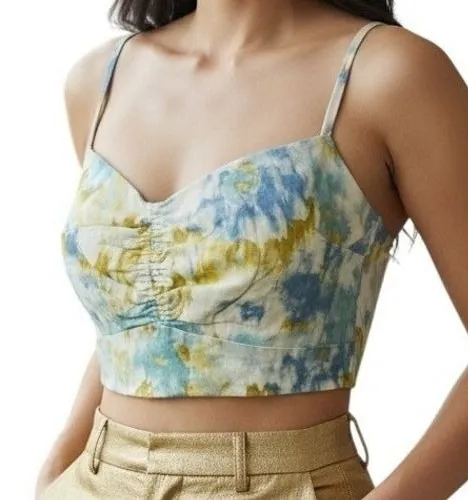 CHRISTIAN LACROIX Smocked Watercolor Linen Blend Crop Top Bustier EUC Small - Image 1