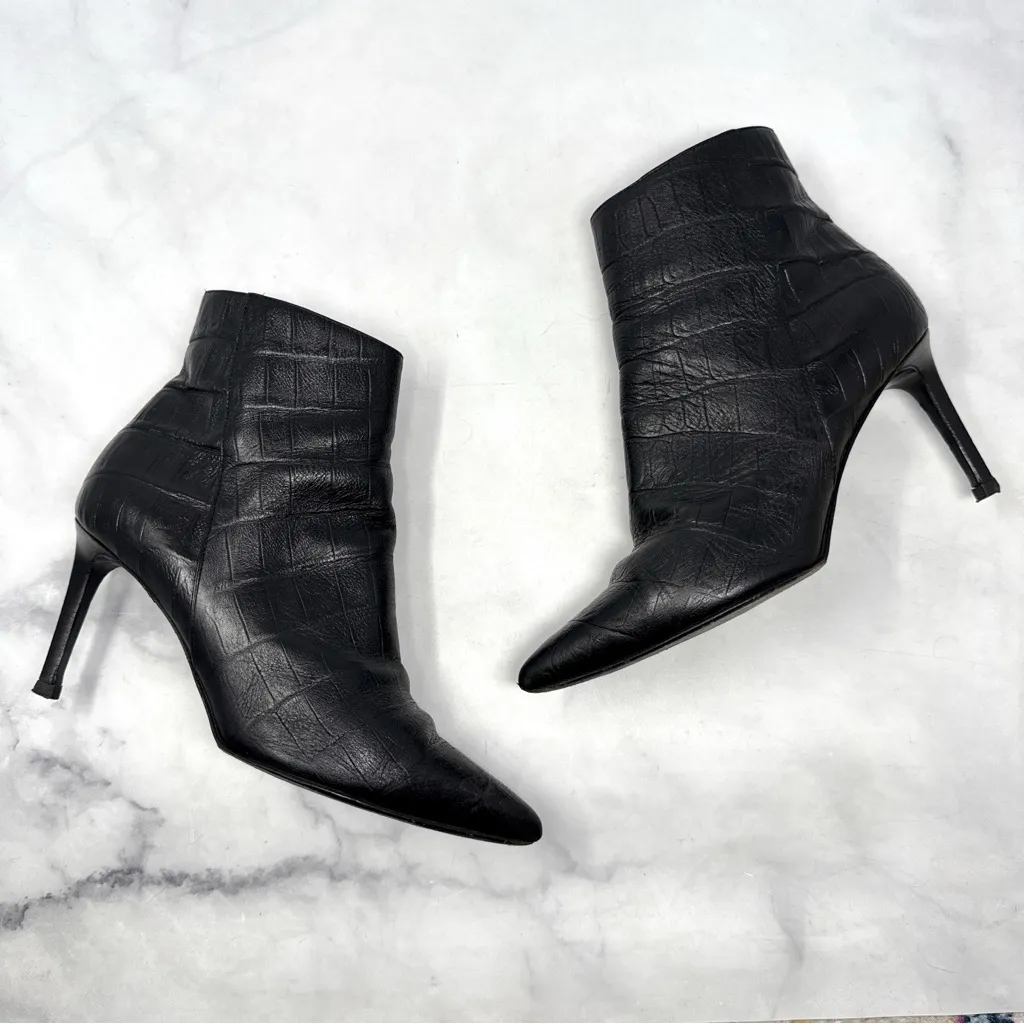 Saint Laurent Croc Pointed Toe Mid Height Stiletto Ankle Booties Boots Black 37 - Image 4