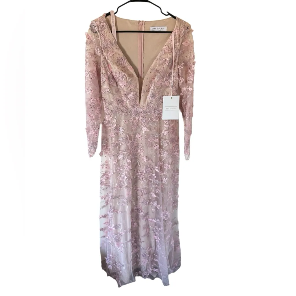 NEW Mac Duggal Pink Floral Applique Long Sleeve Illusion Gown - Image 7