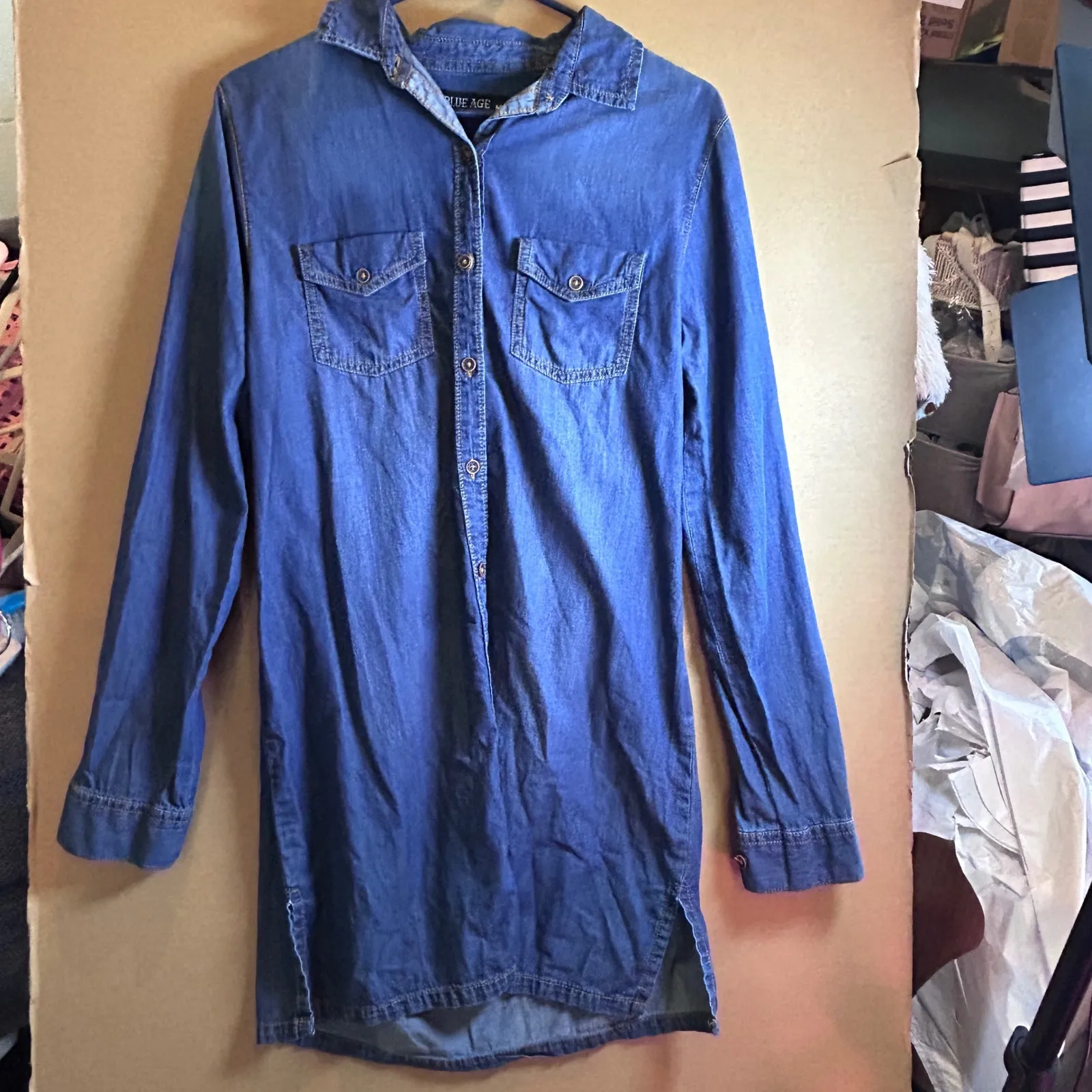 Blue Age Denim Shirt Dress Long Sleeve Collared Button Front Pockets Size M Size M - Image 2