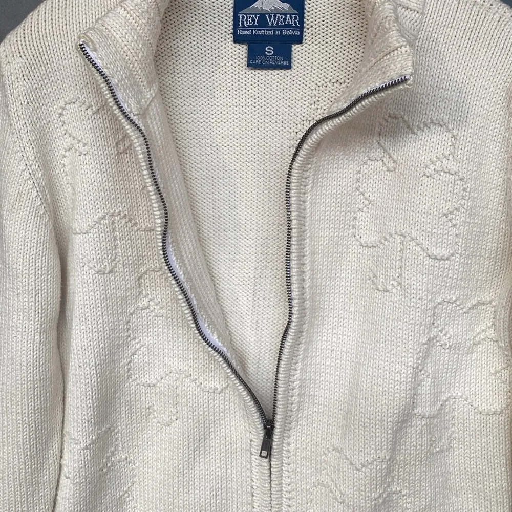 Rey Wear Mock Neck Full Zip L/S Cream Cotton Hand Made In Bolivia Cardigan Sz S White - Image 4