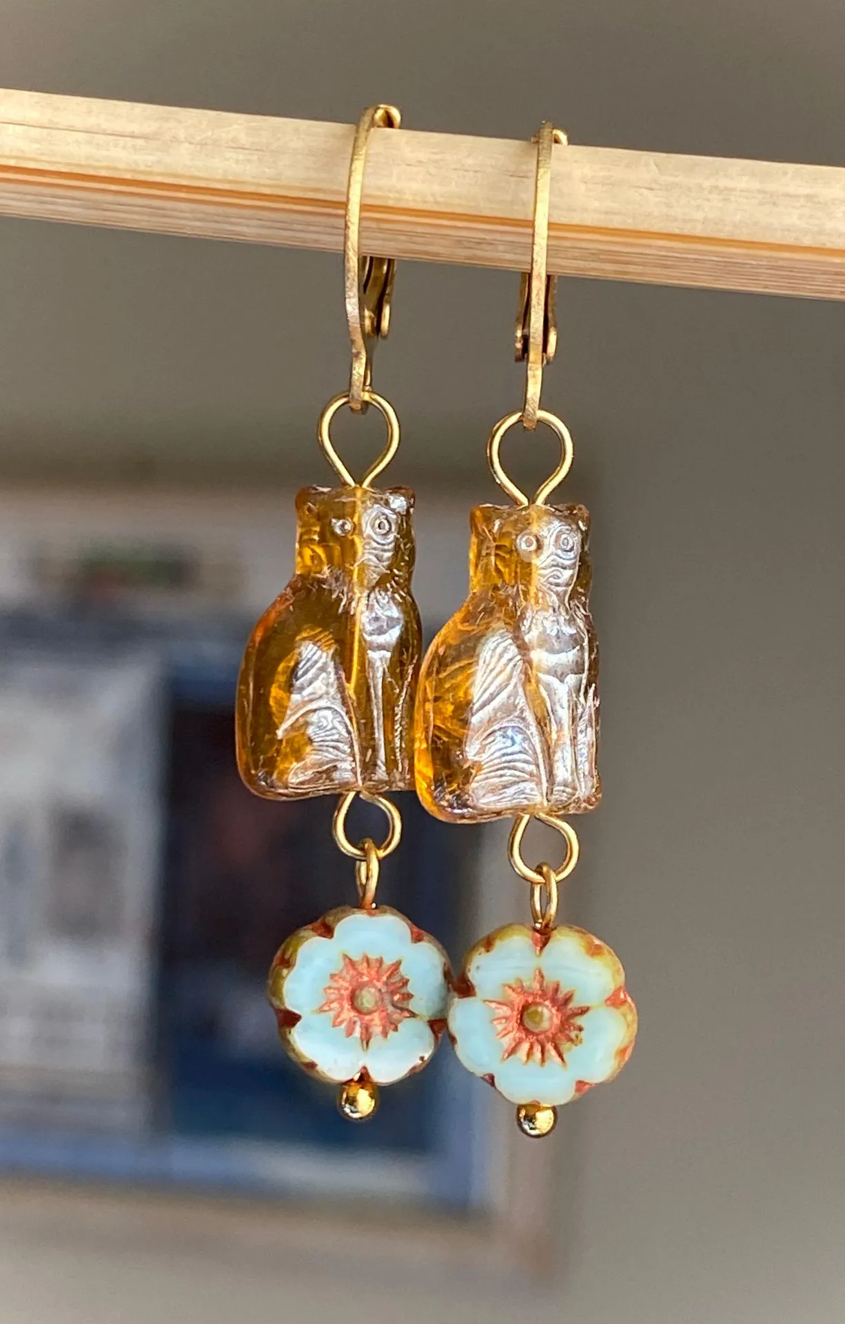 quality Czech glass cat & flower cute boho fairy style dangle  earrings🌸 - Image 3