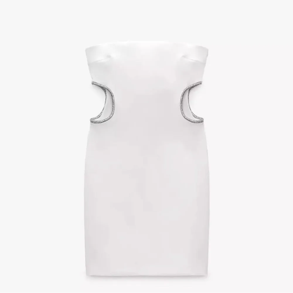 ZARA NEW WHITE STRAPLESS CUT OUT RHINESTONE MINI DRESS Women’s Size Medium - Image 4