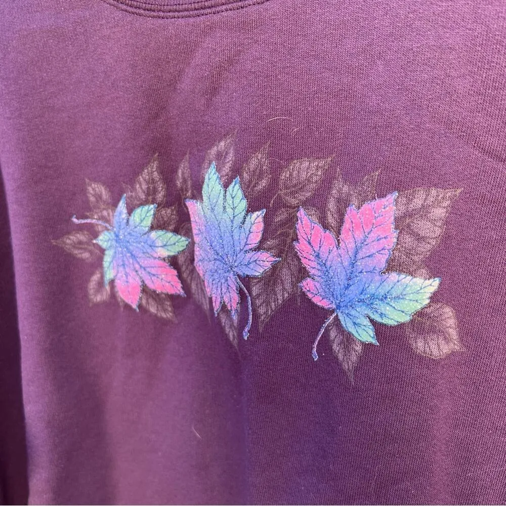 Vintage 90s Granny sweatshirt purple double collar glitter metallic fall leaves Size L - Image 2