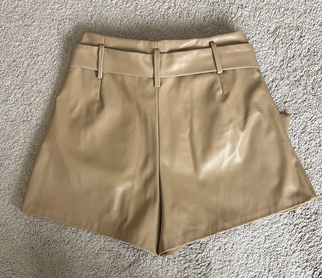 Faux Leather Tan High Waist Belted Shorts - Image 2