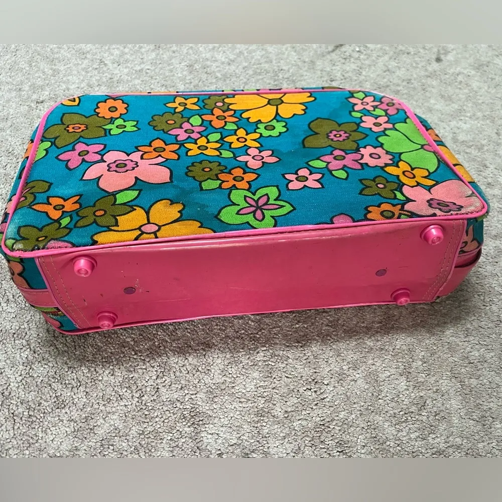 Floral Vintage Suitcase with Pink Trim Blue - Image 5