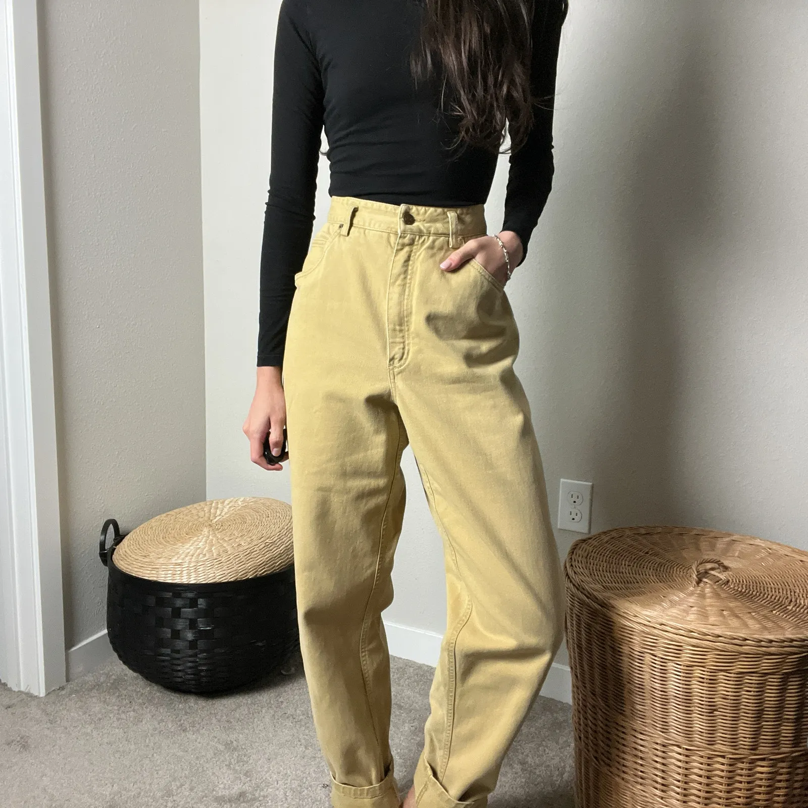 90s vintage mustard yellow cotton high waisted rise mom jeans pants by liz wear Size 30 - Image 3