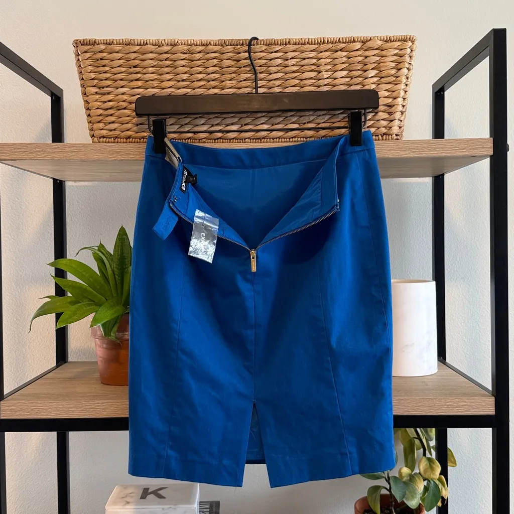 NWT Express Cotton Sateen Cobalt Blue Woven Natural Waist Pencil Skirt, 00 - Image 6