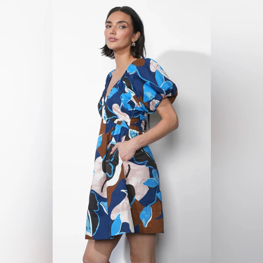 Greylin Fannie Plunge Neck Gathered Cotton Mini Dress Navy Multi NWT - Image 5