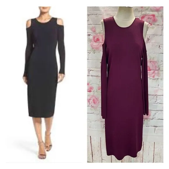 Eliza J Women's Cold Shoulder Midi Sweater Burgundy Dress Size L - Image 2