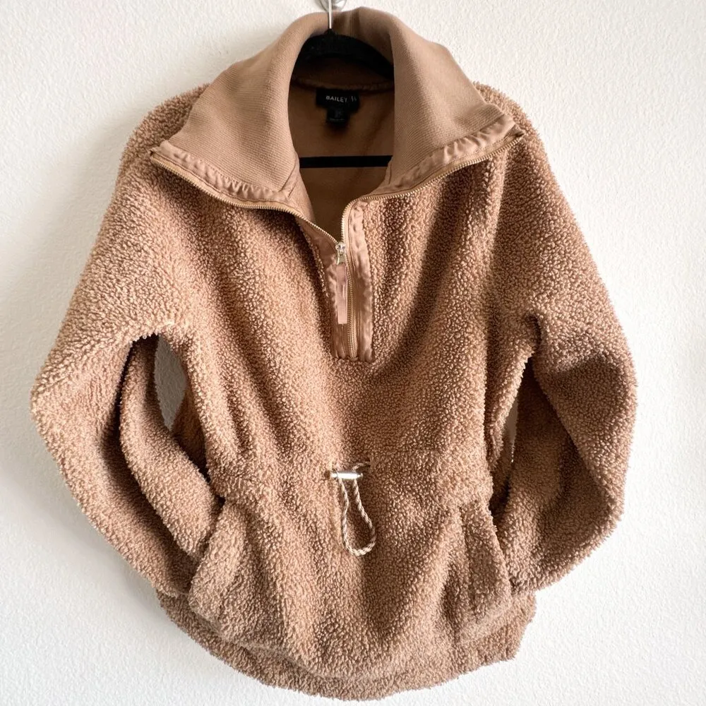 Bailey 44 Teddy Sherpa 1/2 Zip Pullover Camel Tan Toggle Waist Sz S Brown - Image 2