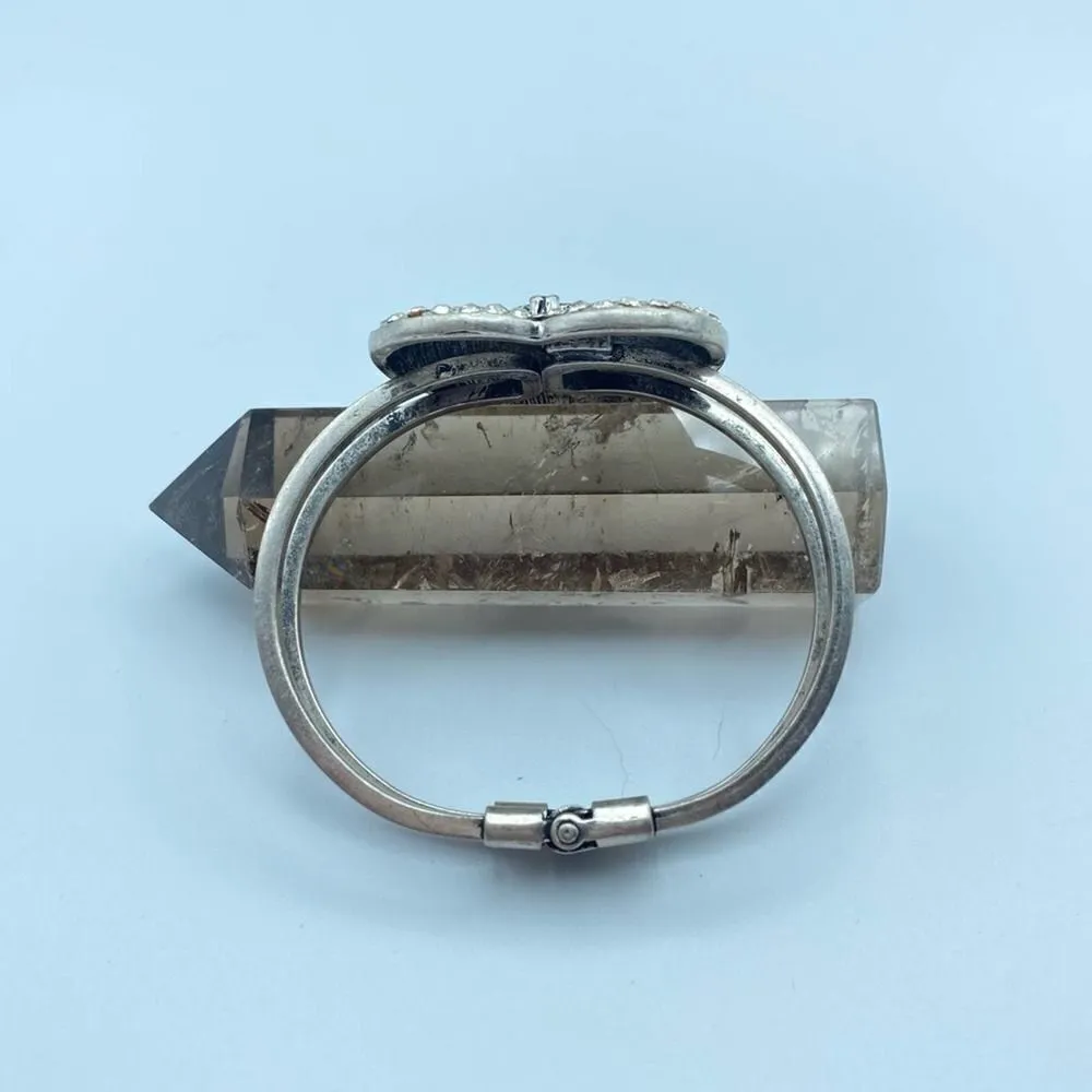 Vintage Princess Rhinestone Brushed Silver Bangle Hinged Bracelet Silver - Image 4