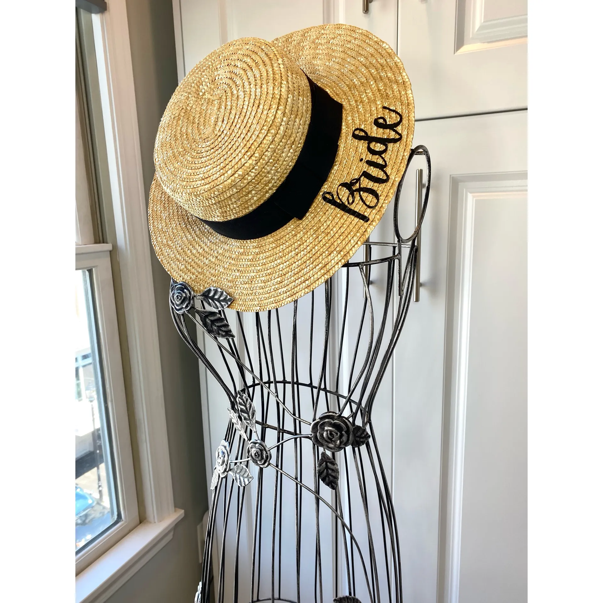 Bride Custom Wicker Straw Hat w/ Black Bow Hand Painted Vynl - Image 5