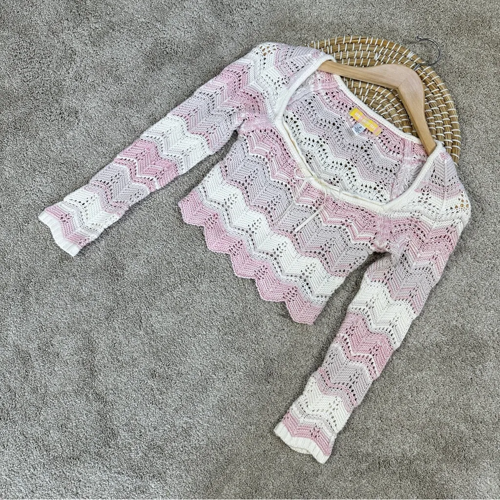 Urban Outfitters Women’s Blaire Crochet Square Neck Sweater Cropped in Pink S - Image 2