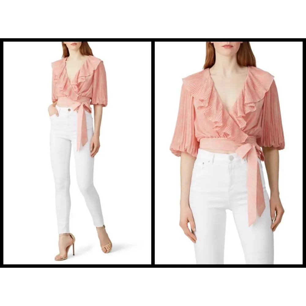 💕AMUR💕 Naya Ruffled Wrap Top Lemon Peach Rose Lace Small Puff Sleeve Crop Top - Image 5