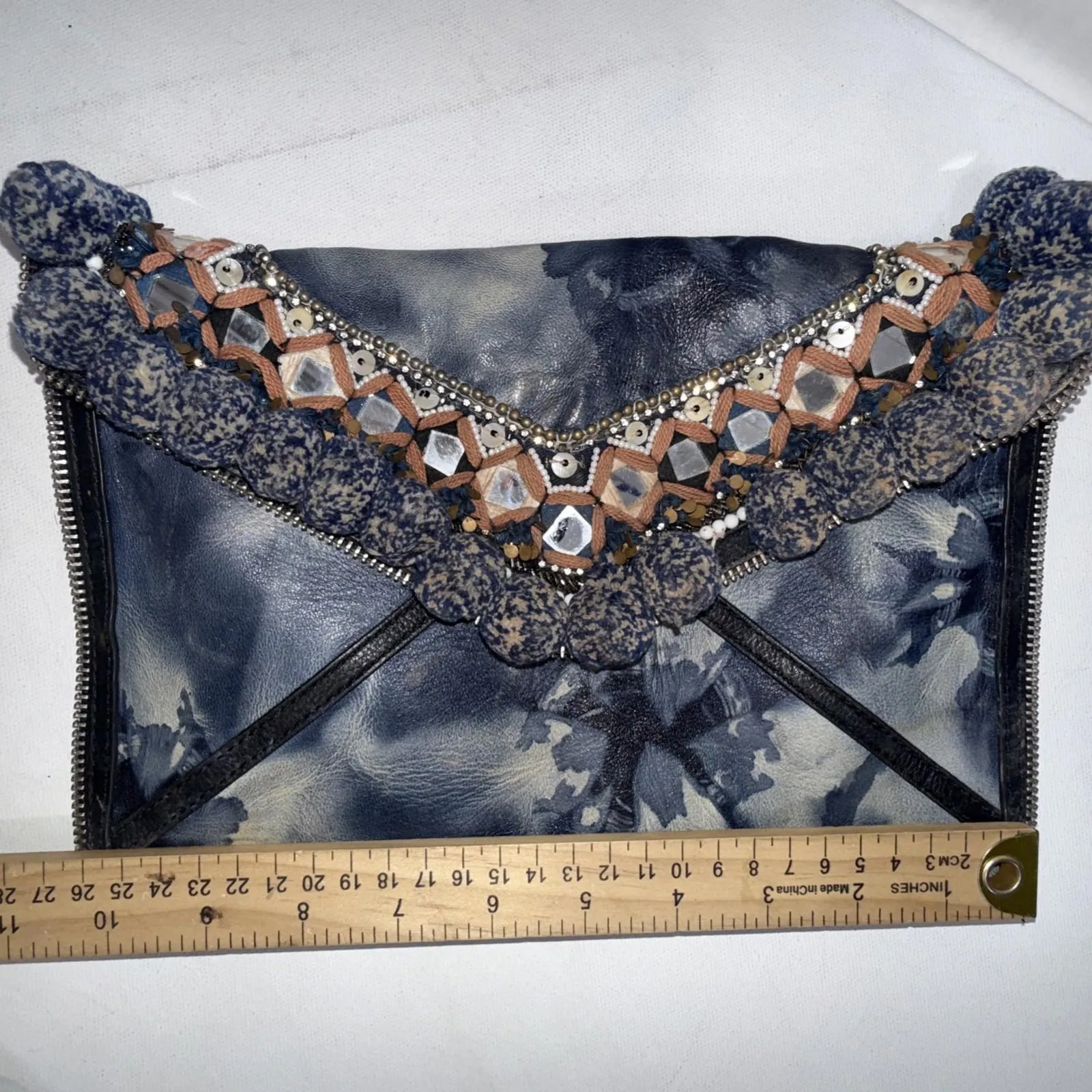 Rebecca Minkoff Dreamy Pom Leo Blue Leather Envelope Tie Dye Bohemian Clutch - Image 12