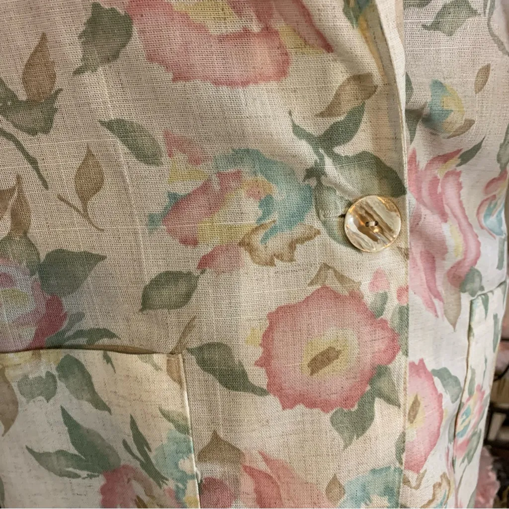 JESSICA SCOTT VINTAGE 1990'S BEIGE, PINK AND BLUE FLORAL PRINT BLAZER (M) Size M - Image 8