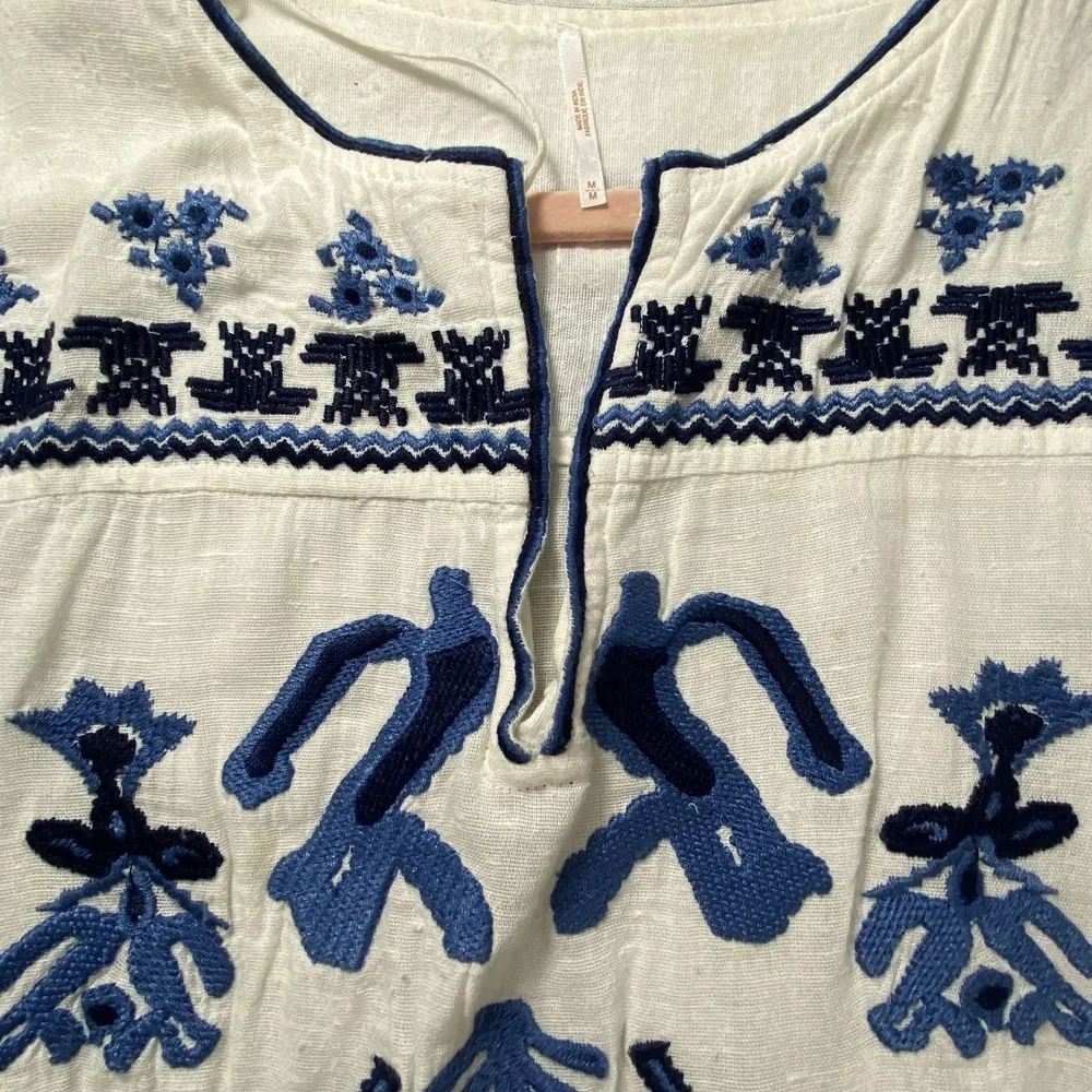 Free People Mini Dress Medium White Embroidered Blue Boho Cinch Artsy Beachy - Image 14