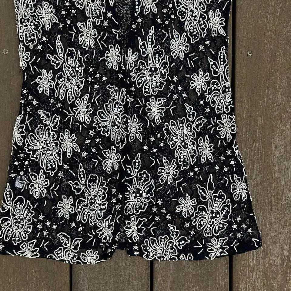 Vintage Black/White Floral Hand Beaded and Sequin Mesh Short Sleeve Cardigan Top - Image 2
