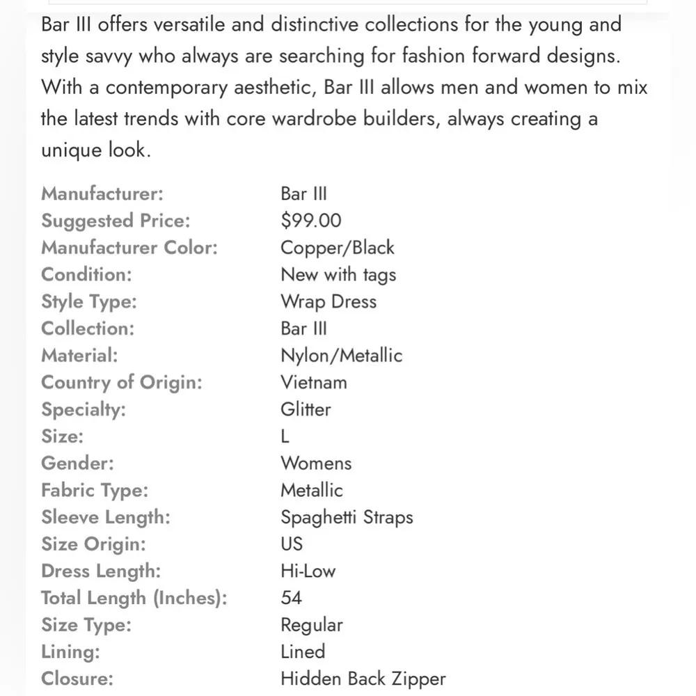 Bar 111 metallic copper/black/gold faux wrap high/low dress. Size Medium. NWT. - Image 6