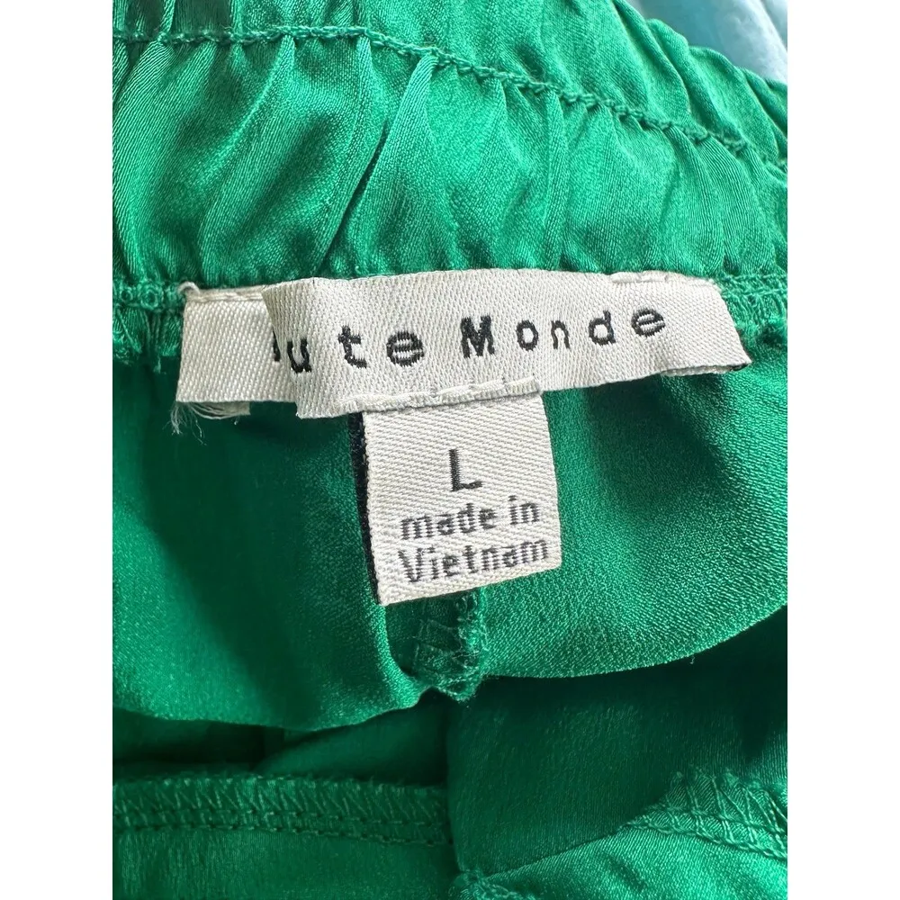 Haute Monde Green Satin Trouser Wide Leg Back Elastic High Waisted Pants L - Image 6
