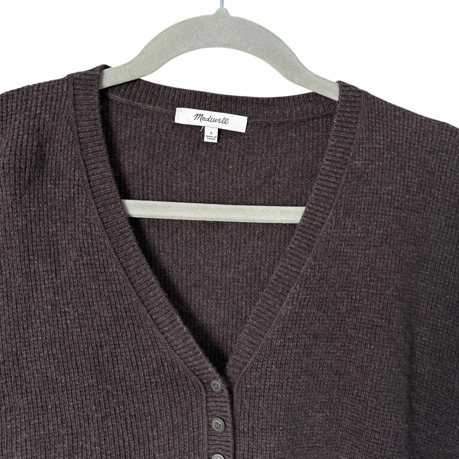 Madewell Asherton Waffle Henley Sweater V Neck Dark Brown Long Sleeve Size Small - Image 2