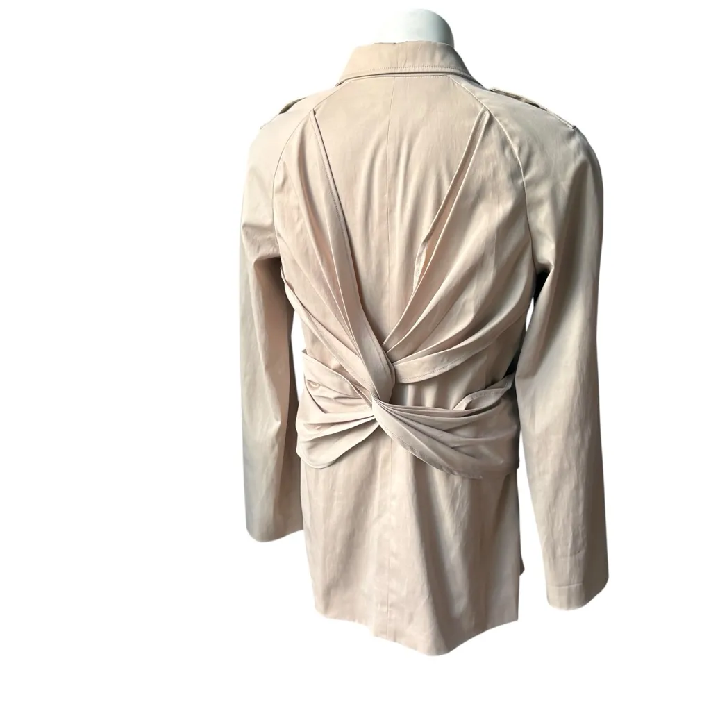 Michael Kors Cream Ruch Detail Short Trench Jacket Back Twist Sash, Sz 8 Tan - Image 6