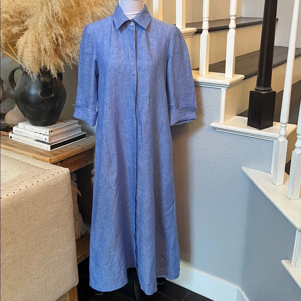Sara Campbell The Hollie Blue Linen Midi Button Down Side Pockets Dress Size XS - Image 2