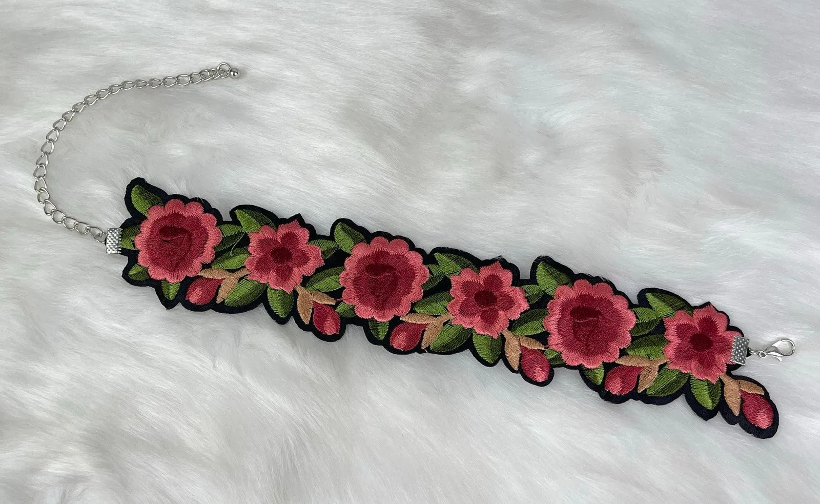 Embroidered Floral Patch Choker Necklace Pink Green Black Adjustable NWOT - Image 1