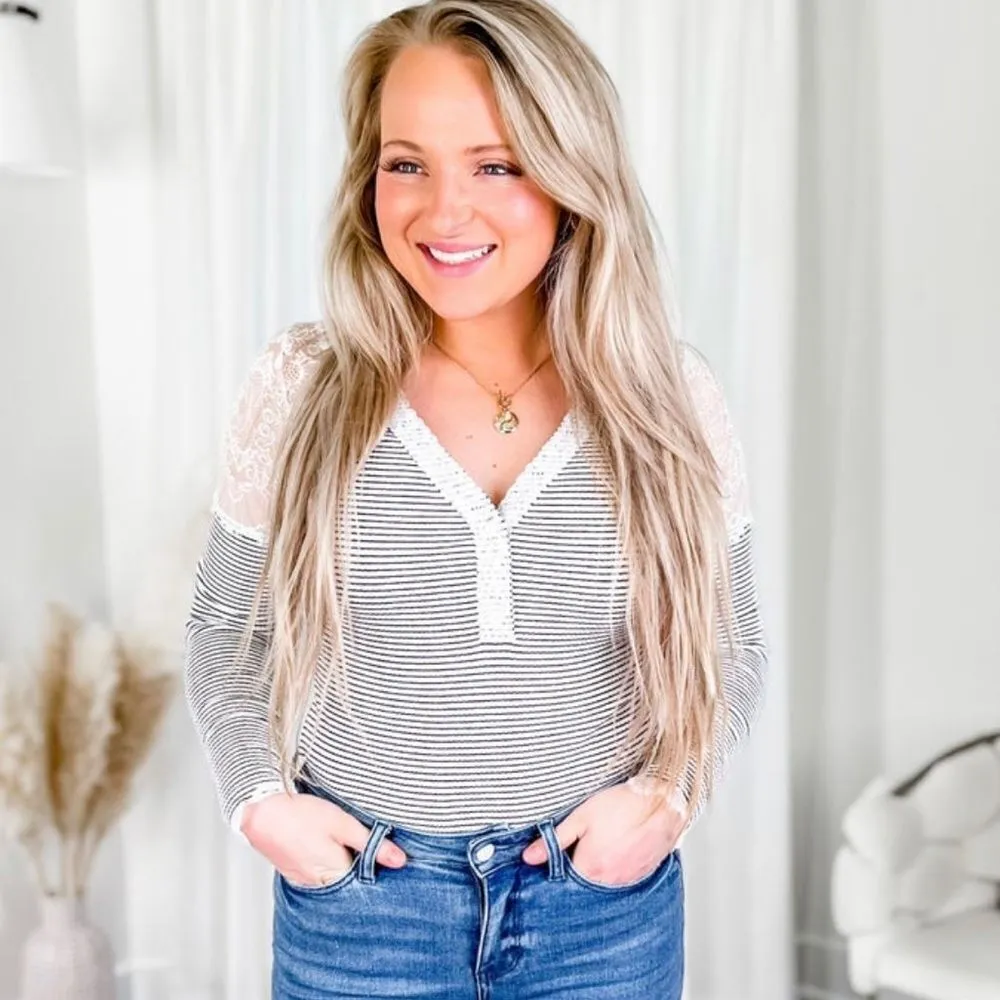 White Birch Striped Long Sleeve Bodysuit With Lace Detail Gray White XL - Image 2