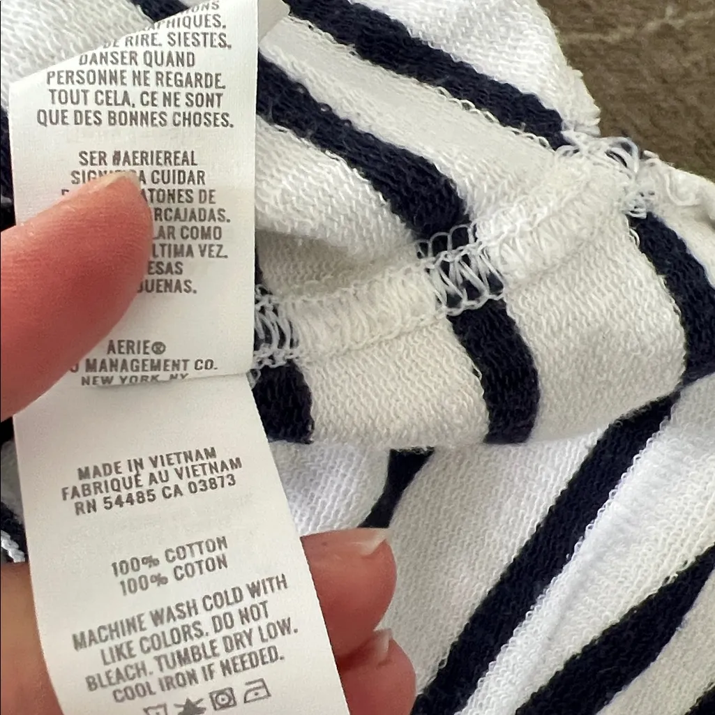 Aerie Take It Easy Sporty Popover Polo Sweatshirt White & Navy Stripe XS - Image 9