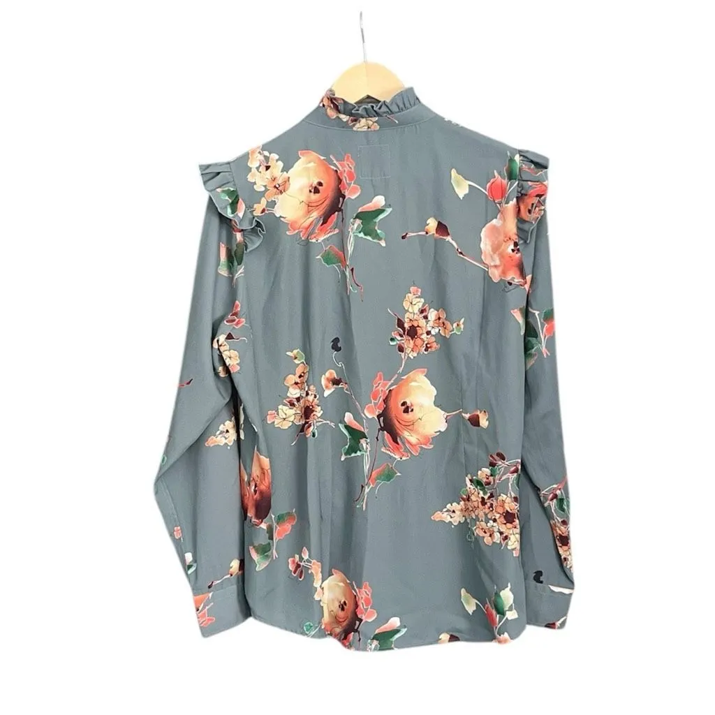 Rochelle Behrens The Shirt Ruffle Shoulder Floral Button Down Blouse XL Blue - Image 2