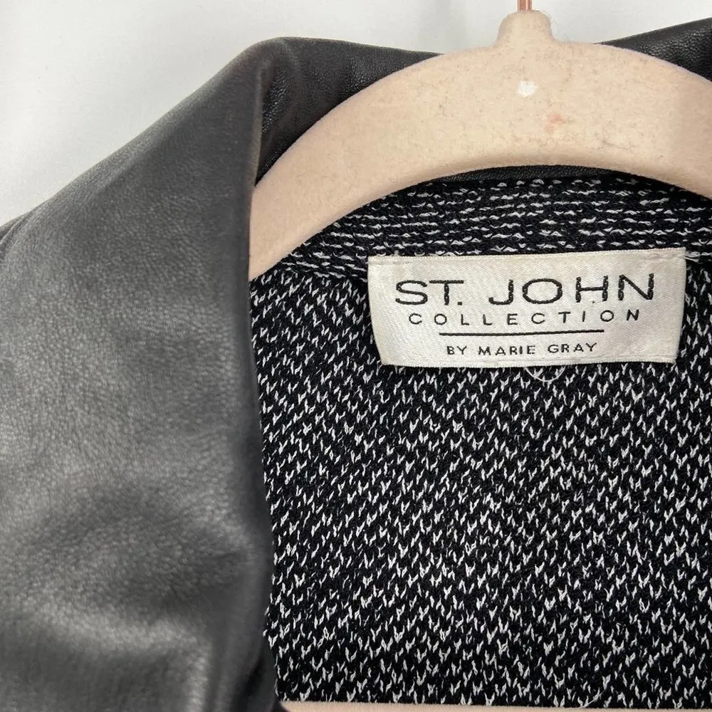 St. John Collection Gray Black Tweed Zip Jacket Leather Panels Size S - Image 2