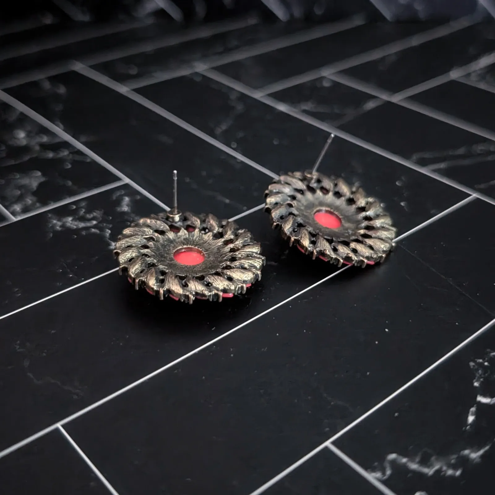 Vintage Stud Earrings Large Red and Dark Tones Statement Circle Earrings - Image 5