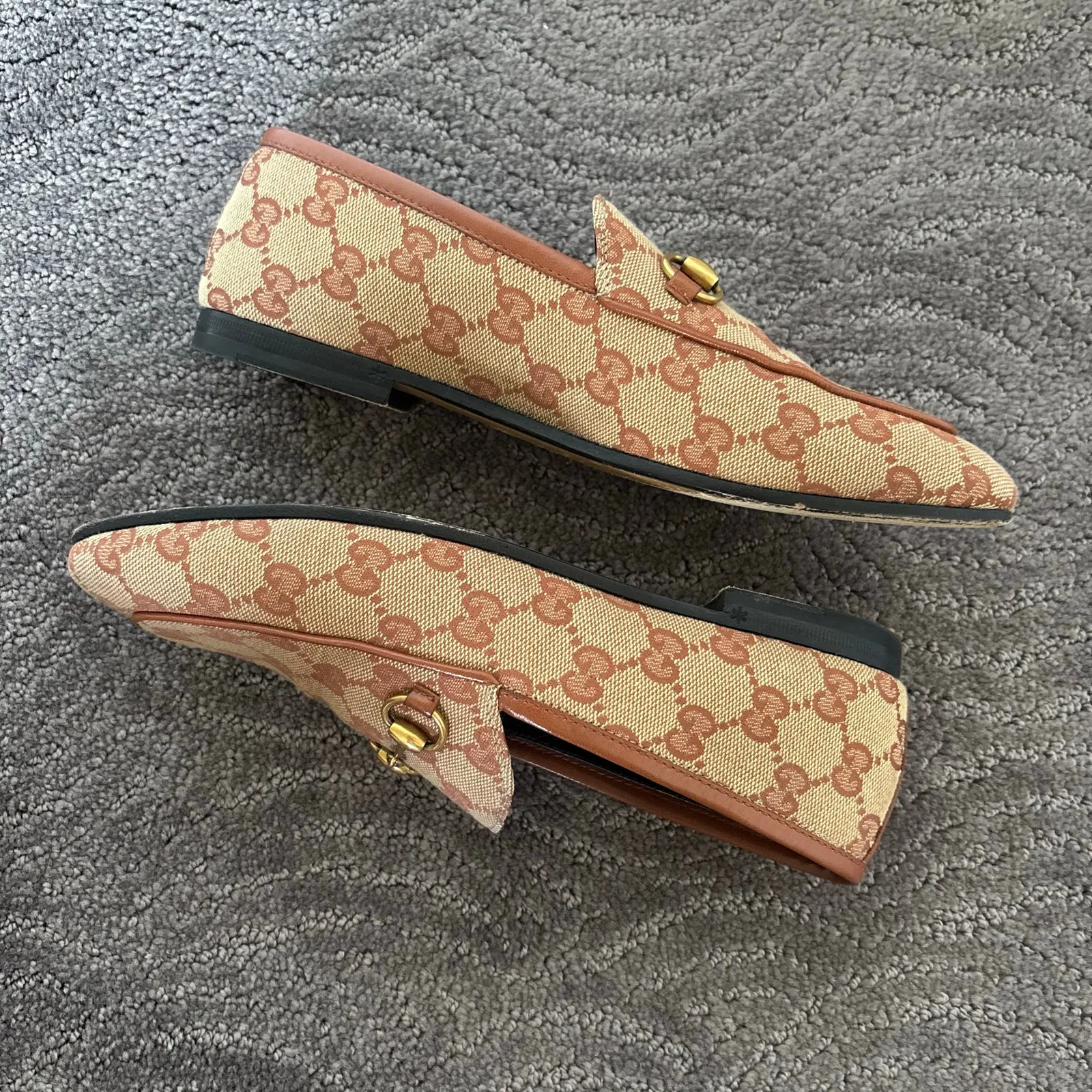 Gucci Jordaan GG Monogram Canvas Horsebit Loafers Beige Brown Flats Size EU 36.5 - Image 10