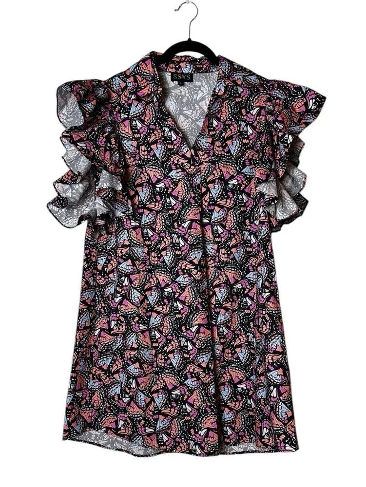 SYSS The Label Ruffle Sleeve Poplin Mini Dress Butterfly Print Boho Size Small Pink - Image 2