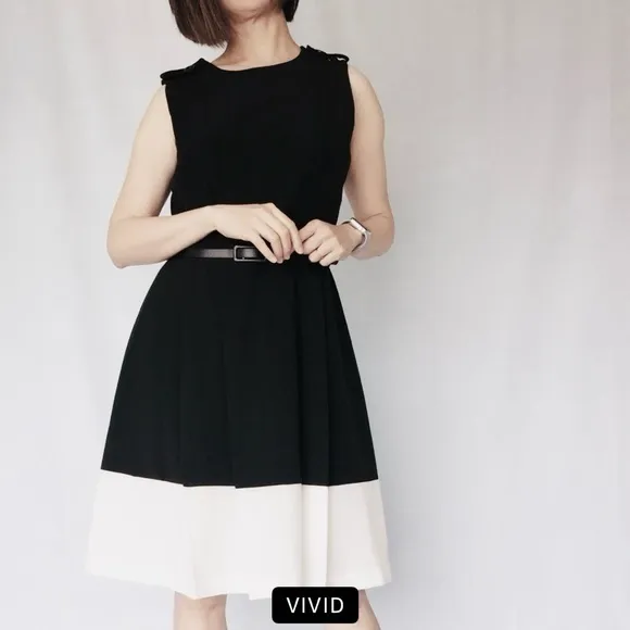 Calvin Klein Dress Color Block Knee Length Black White Sleeveless Belted 8 - Image 3