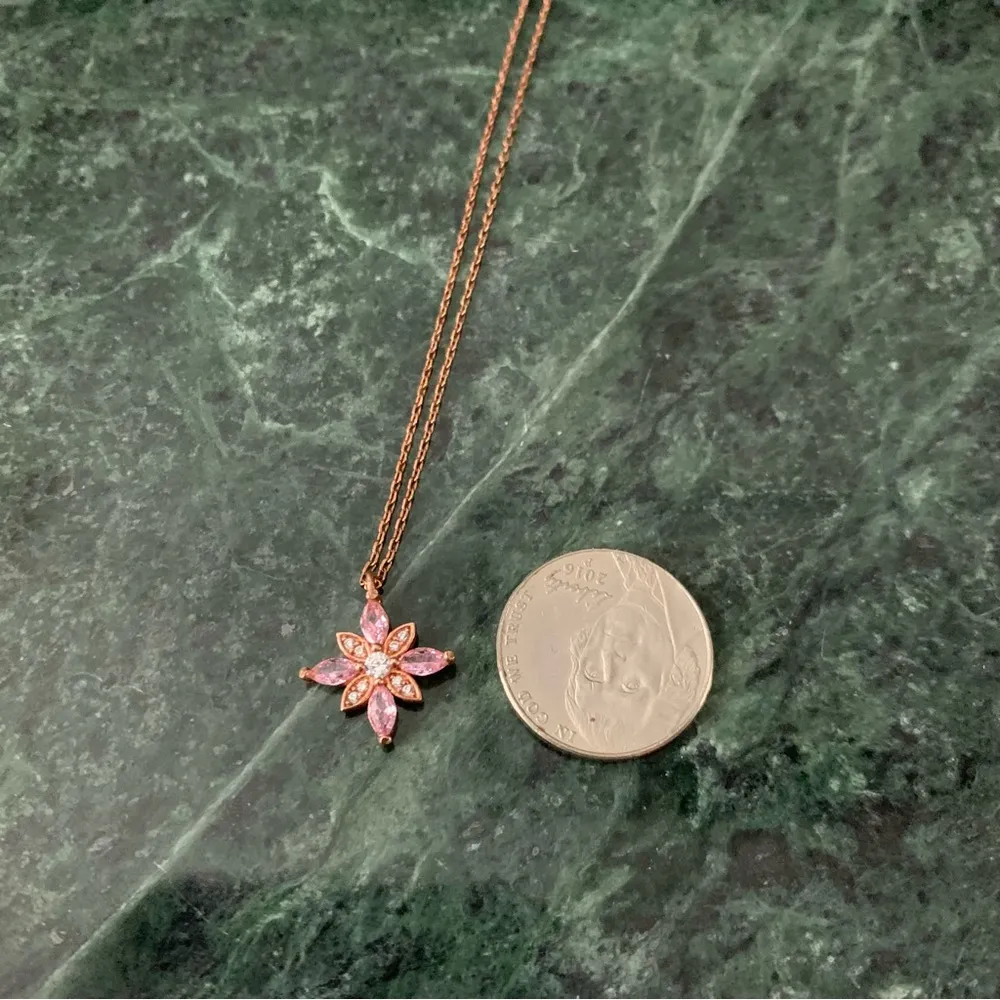 Rose Gold Over 925 Lotus Flower Necklace White And Pink Crystal Pendant 16” - Image 3