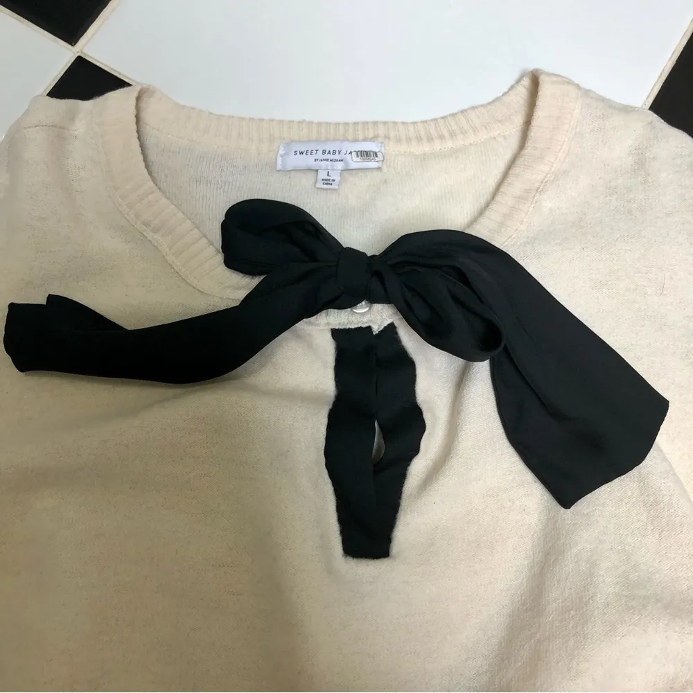 Cream Sweater Black Bow Wool & Cashmere Pussybow size Large - Image 12