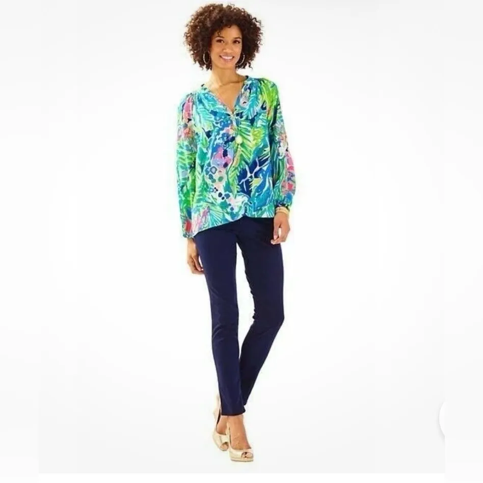 Lilly Pulitzer Elsa 100% Silk Top - Blue Green Pink Tropical Print - Image 3